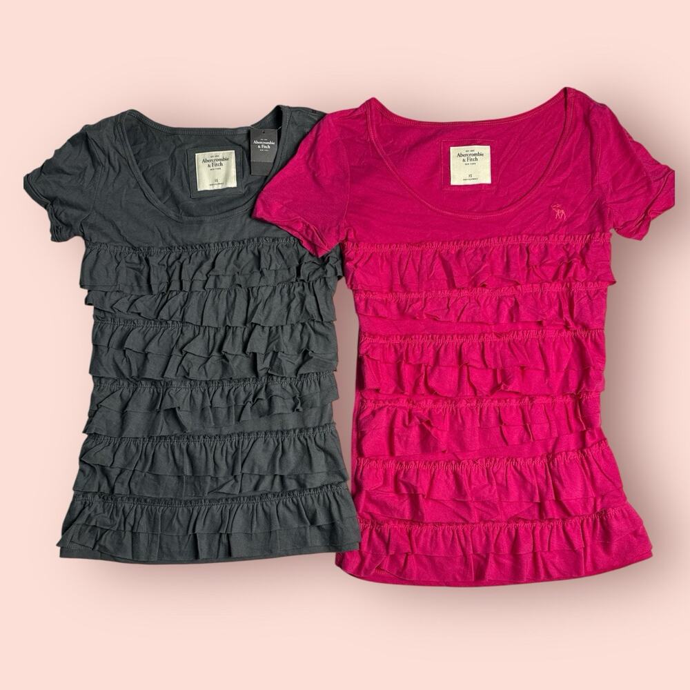 Abercrombie & Fitch Pink Y2K V-neck Top XS Short Sleeve Preppy Coquette Ruffle